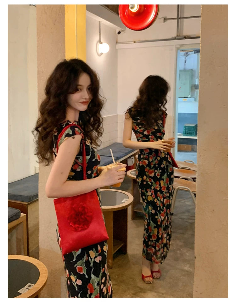 KELIFAN Retro Floral High-waisted Dress