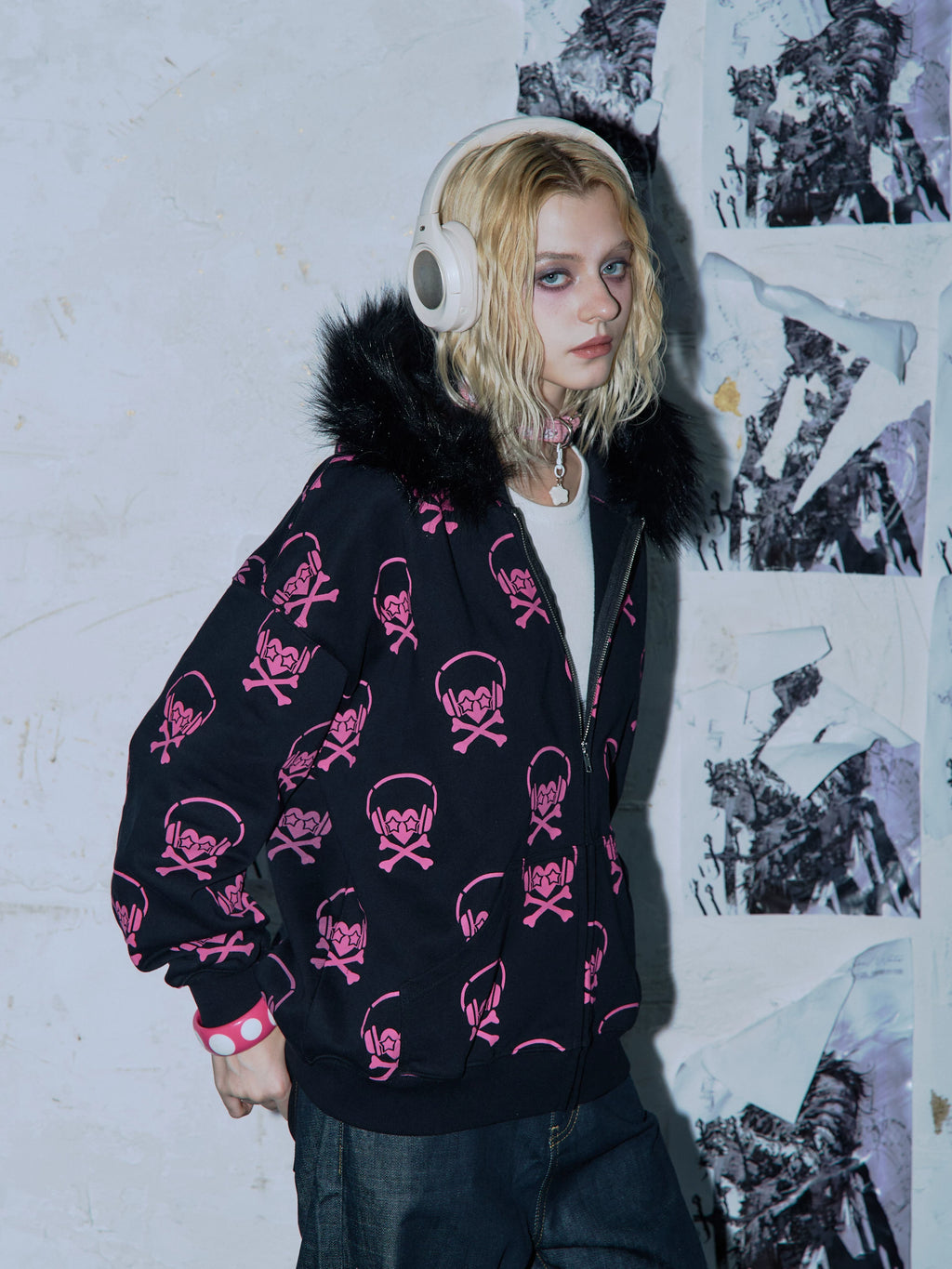 PAIKI Full of Headphones Skull Fur Collar Jacket