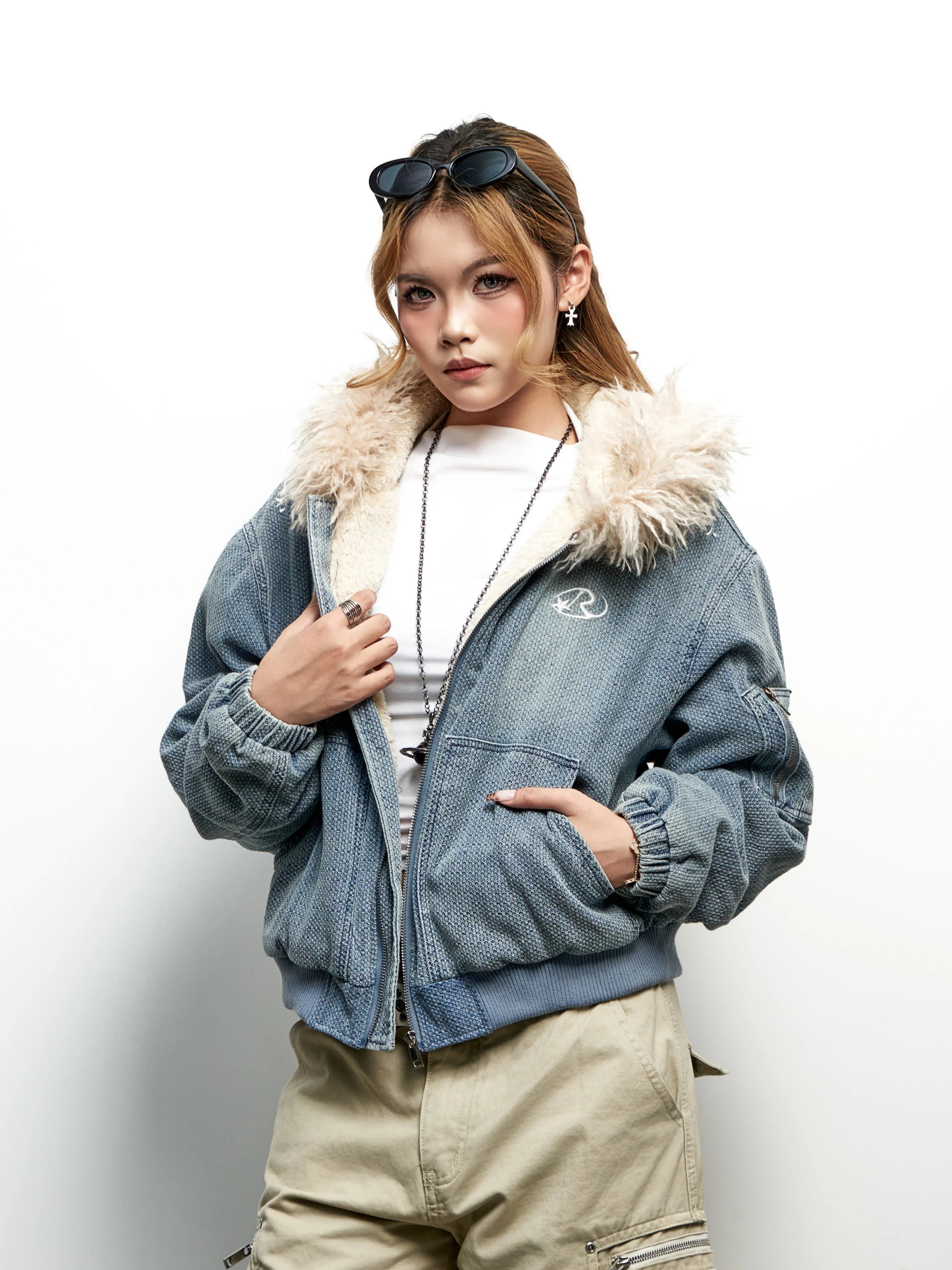 Saimt Retro Faux Fur Collar Hooded Denim Cropped Padded Jacket