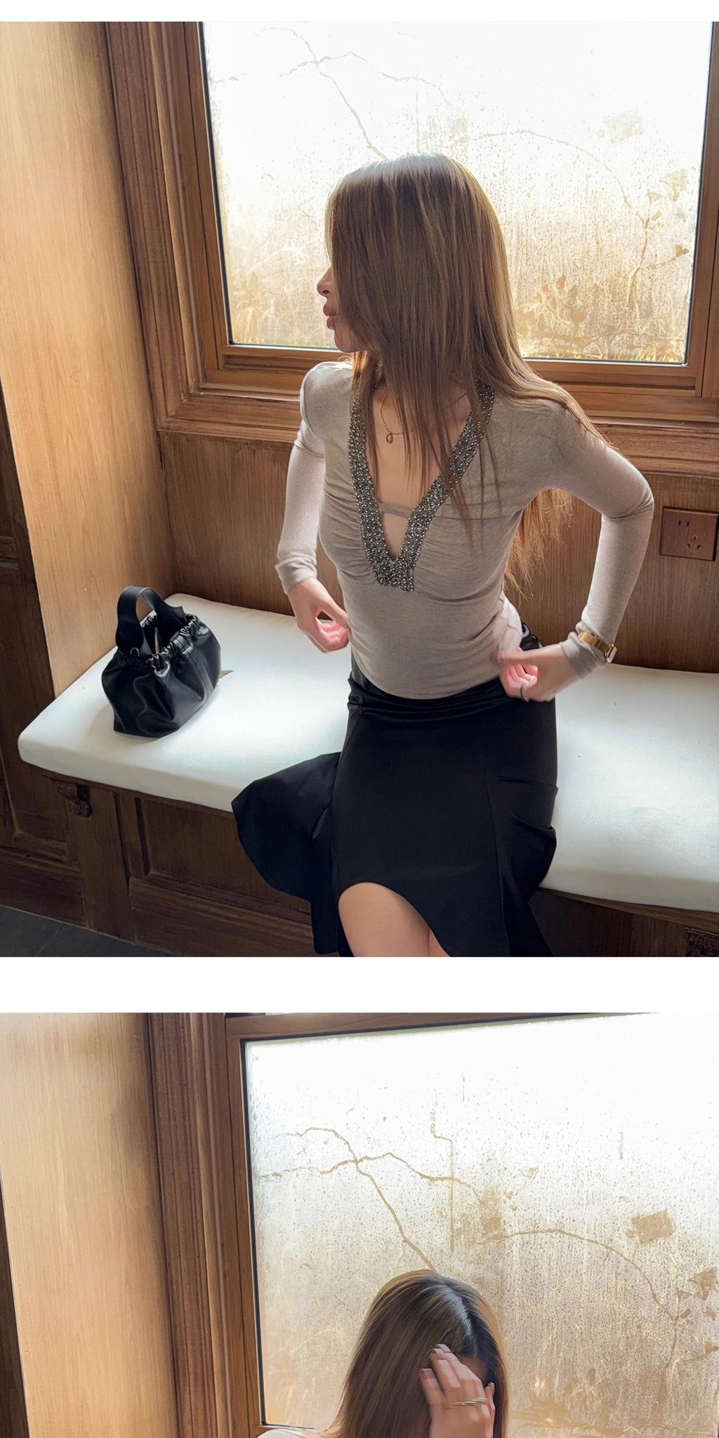 Audwyn V Neck Bead Slim Sleeve