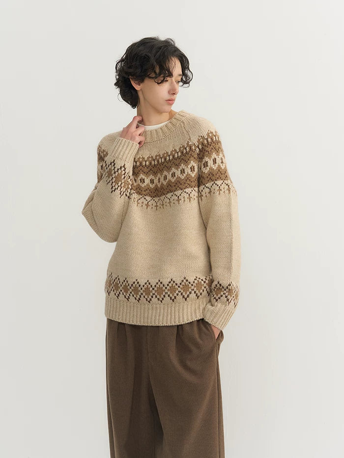 CARPEM Vintage Jacquard Contrast Crew Neck Sweater