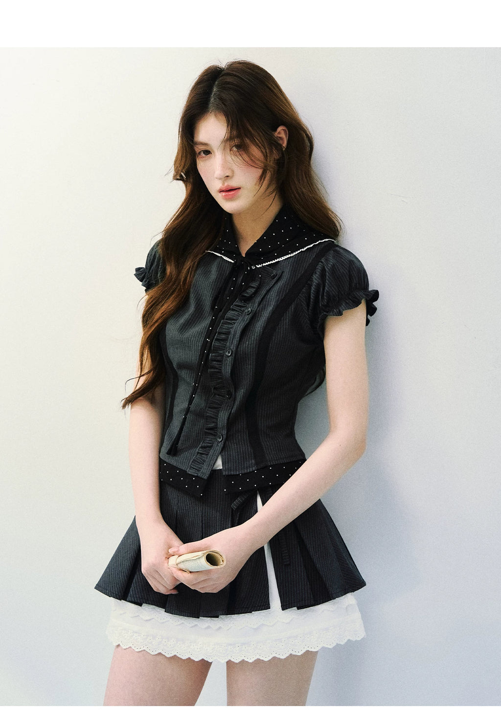 SunsetPark Striped Splicing Polka Dot Shirt Skirt Set