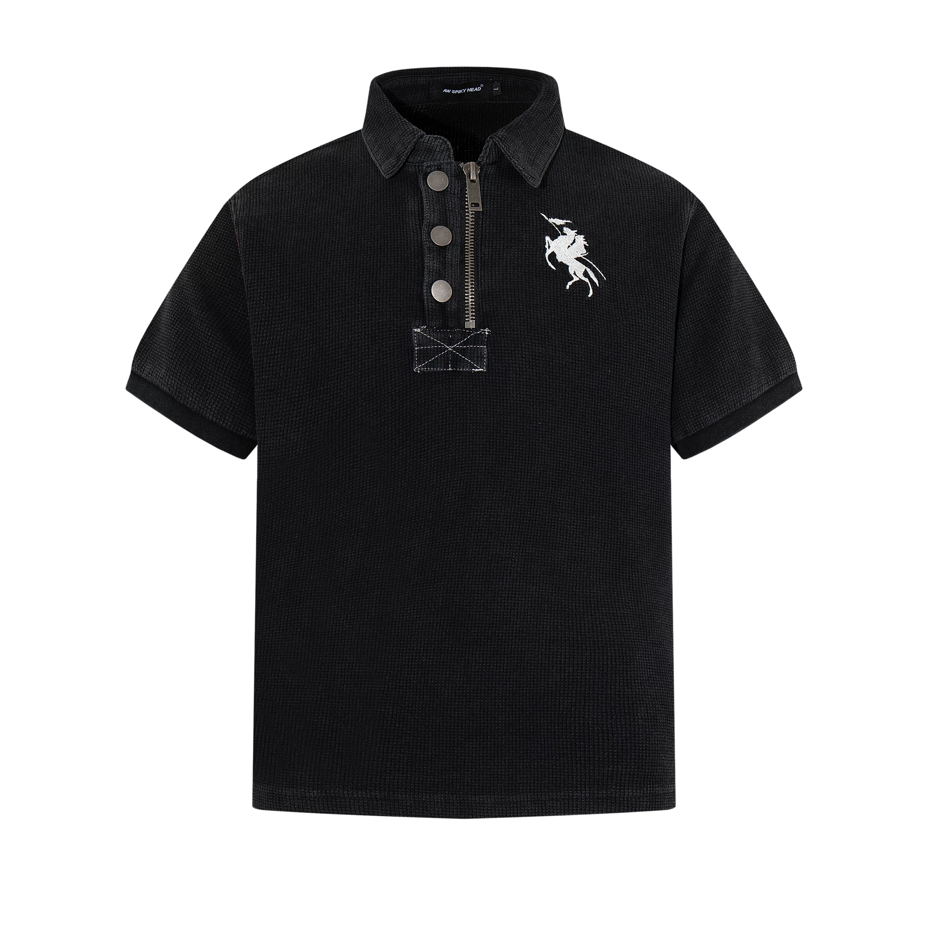MADWITCH Vintage Embroidered Waffle Polo Collar Long Sleeve