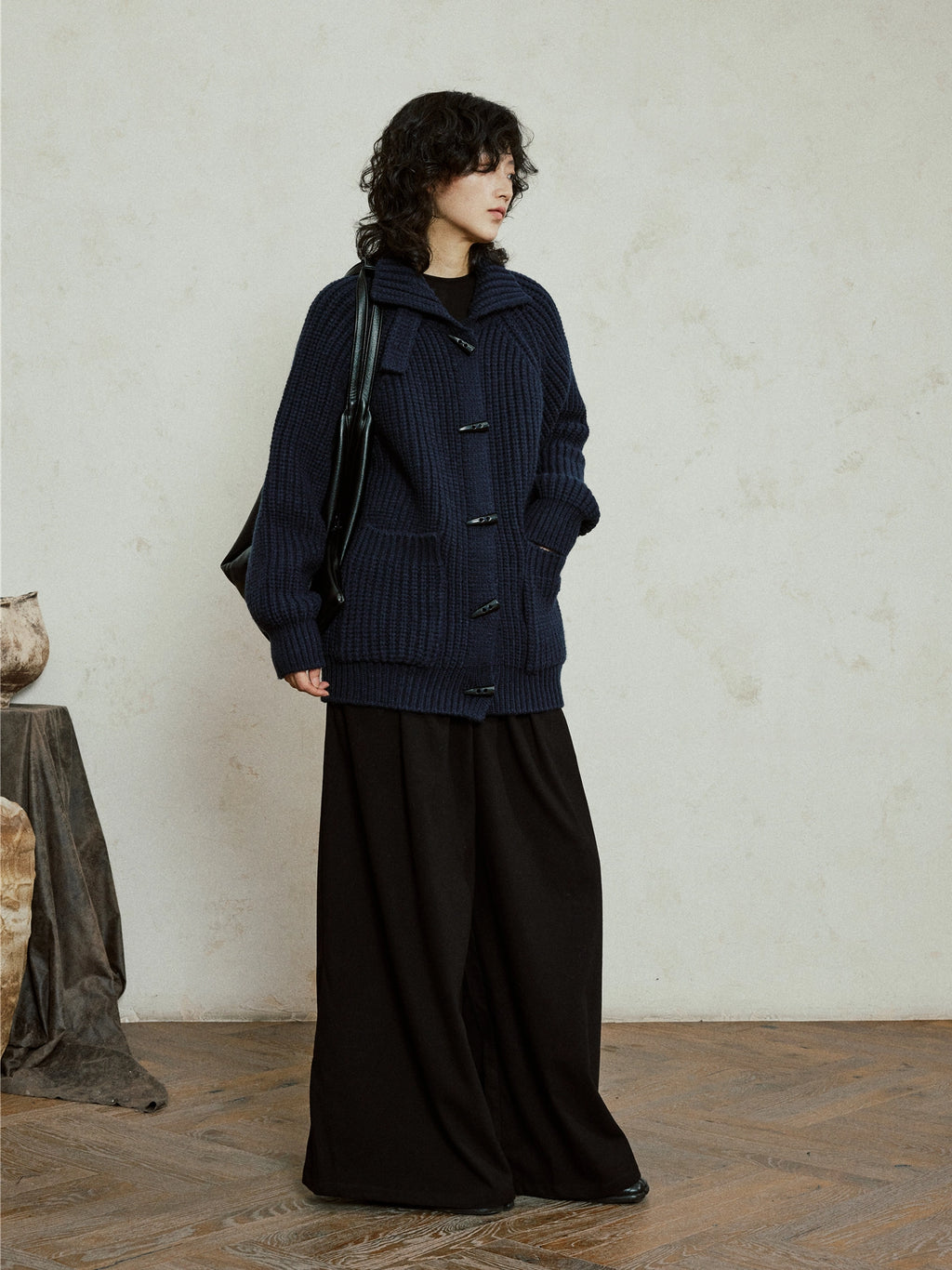 SUNYVONN Horn Buckle Stand-up Neck Knitted Cardigan