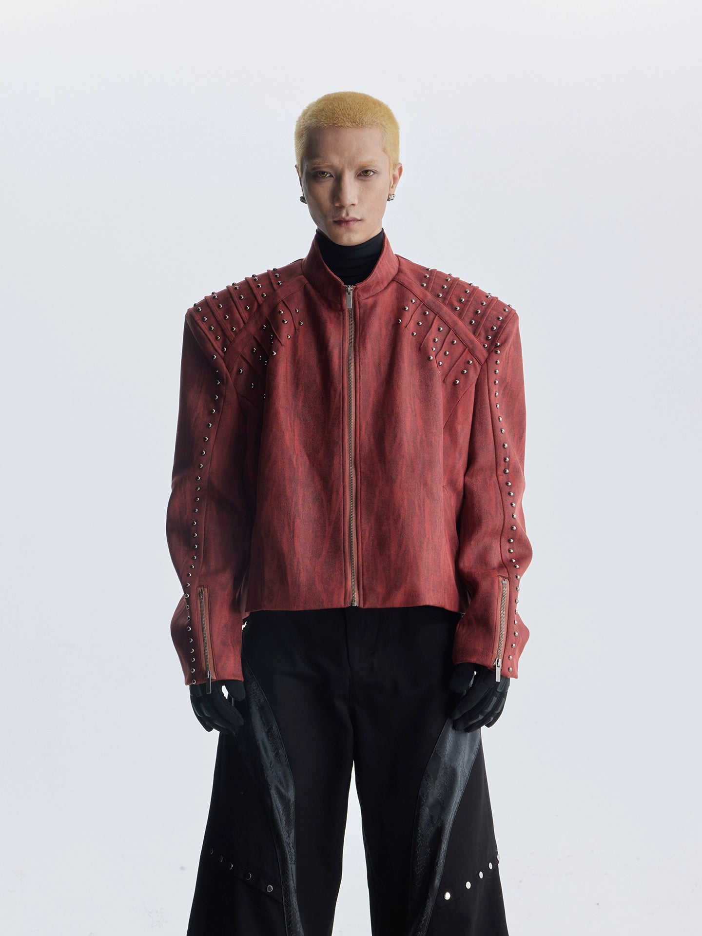 NOMANIAI Rivet Trim Loose Shoulder Padded Leather Jacket Zipper Jacket