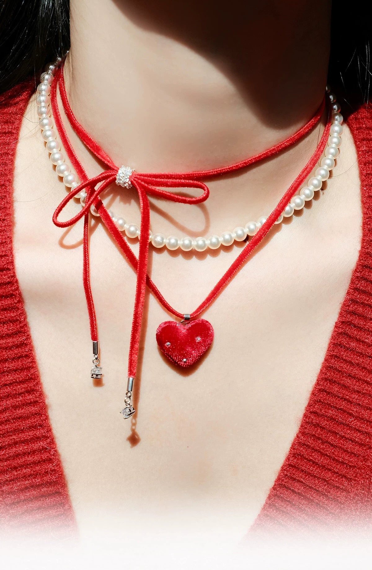 PARANOID PUPPY Red Velvet Love Multi-layer Ribbon Bow Necklace