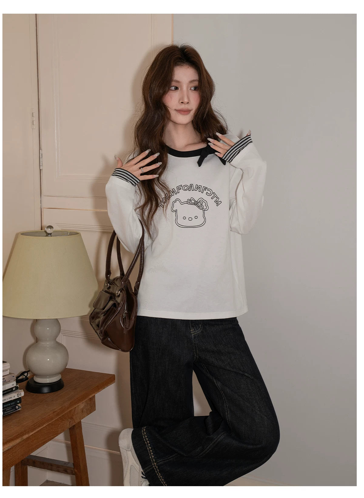 XUJING Bow Crew Neck Print Splicing Long Sleeve