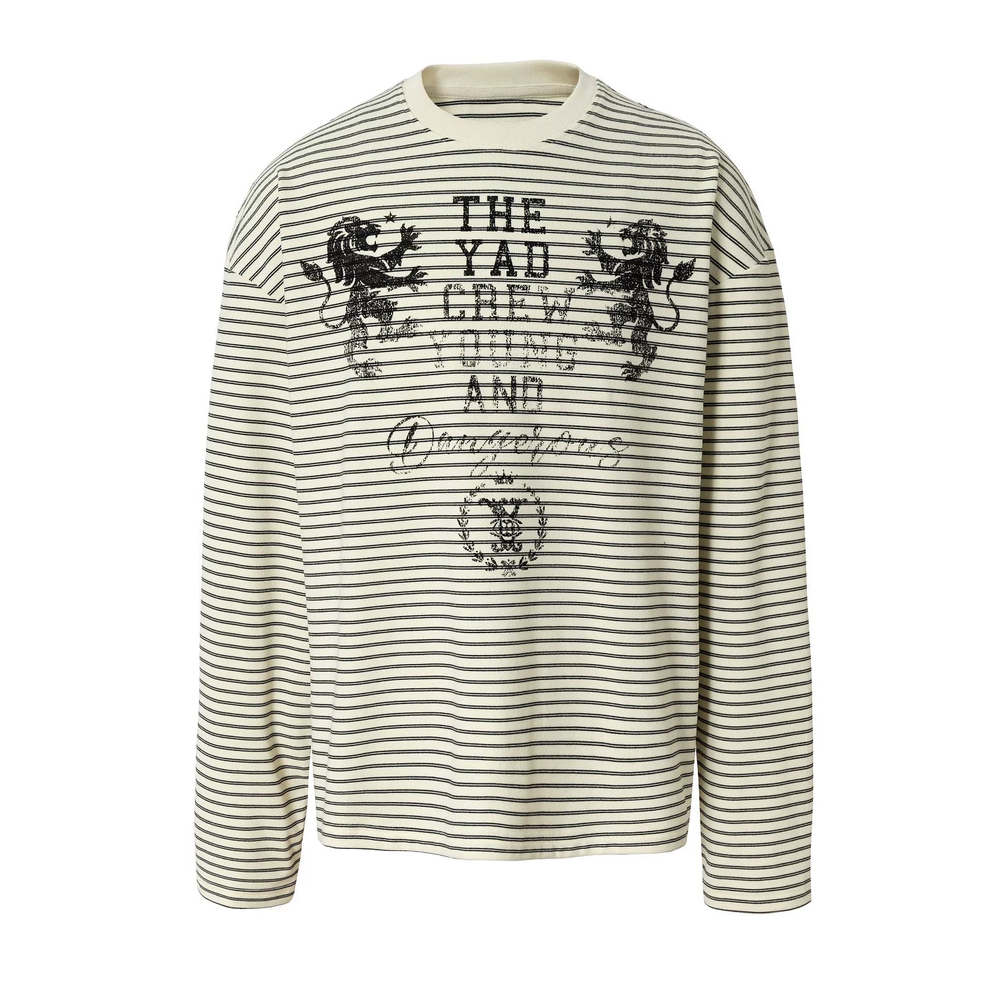 YADcrew Double Lion Mottled Slogan Printed Striped Long Sleeve