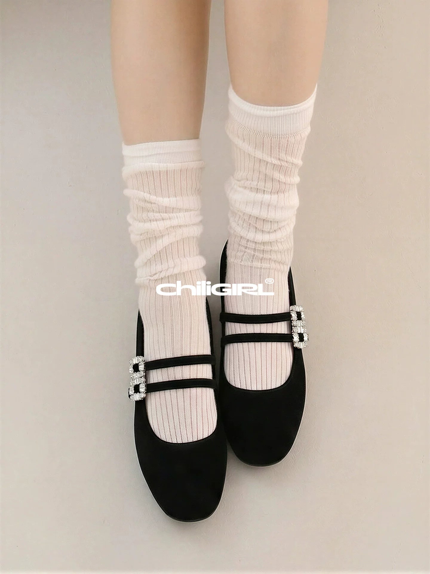 CHILIGIRL Suede Temperament Rhinestone Square Buckle Double Belt Versatile Single Shoes