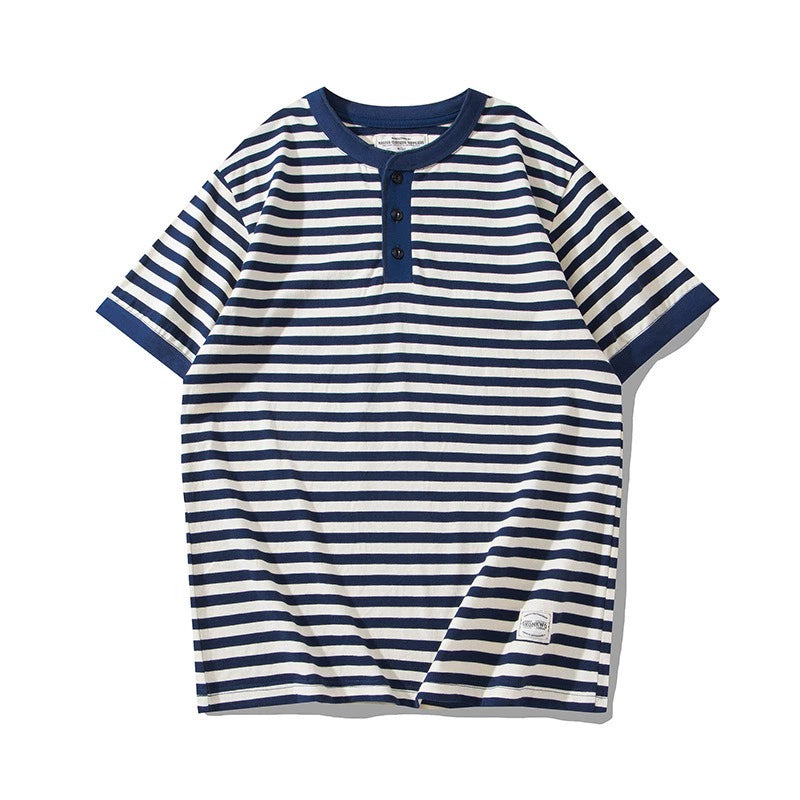 PrintAce Vintage Knitted Striped Henry Collar Button Tee