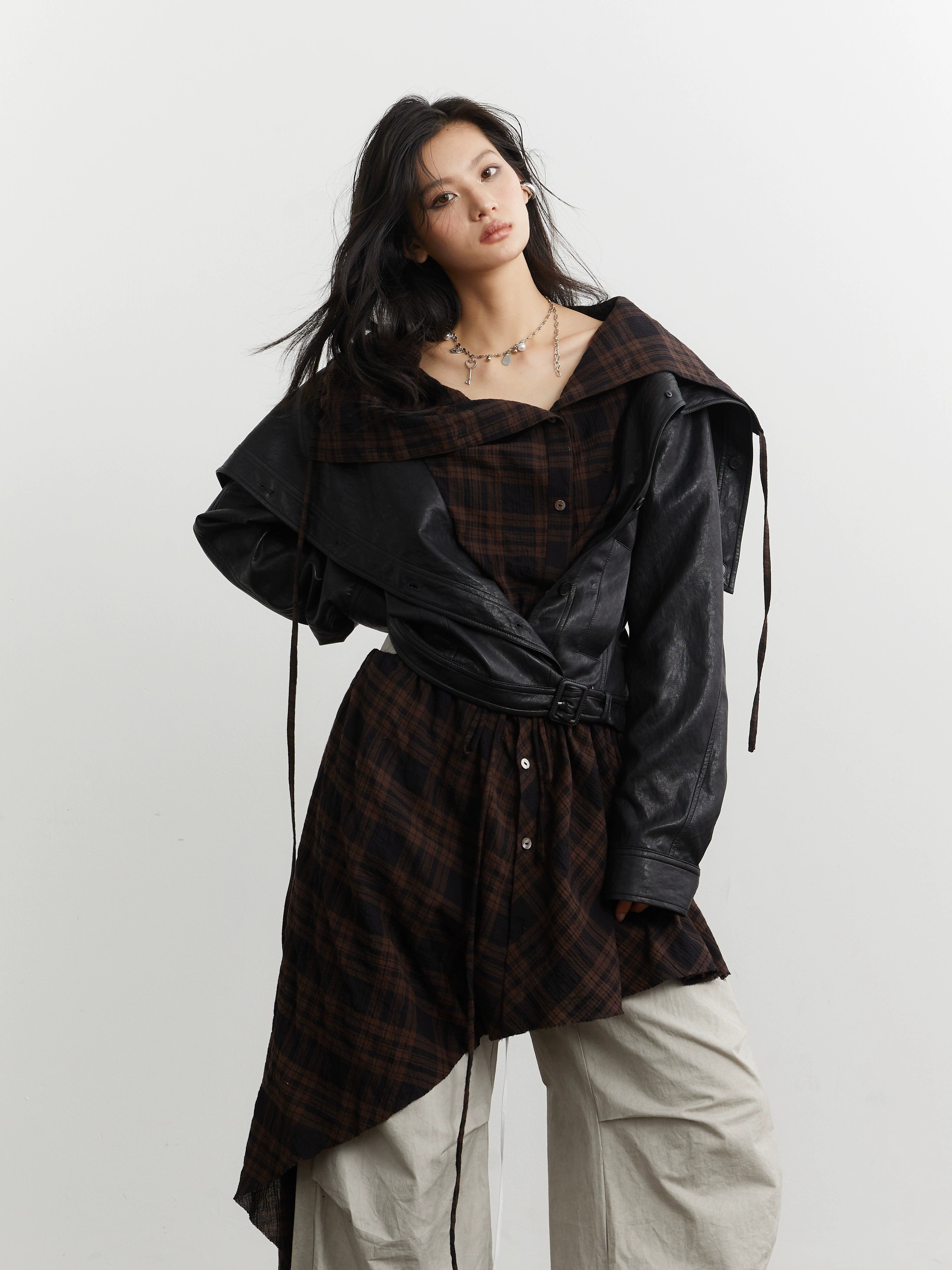 JNYLON-plaid Apron Stitched Imitation Leather PU Jacket