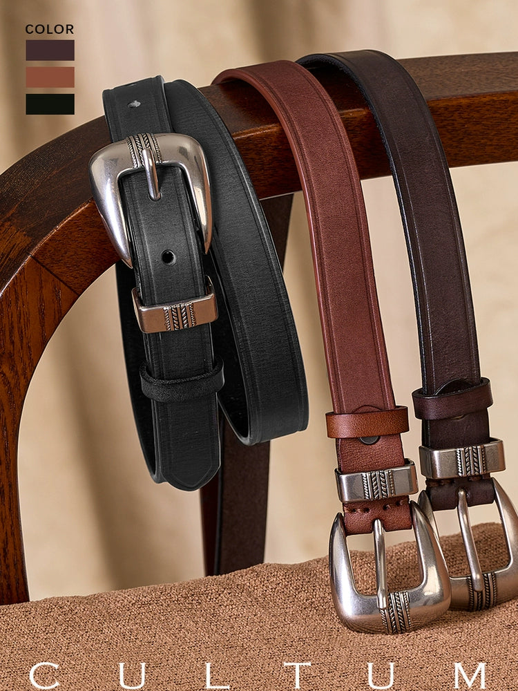 CULTUM Vintage Versatile Engraved Silver Buckle Leather Belt