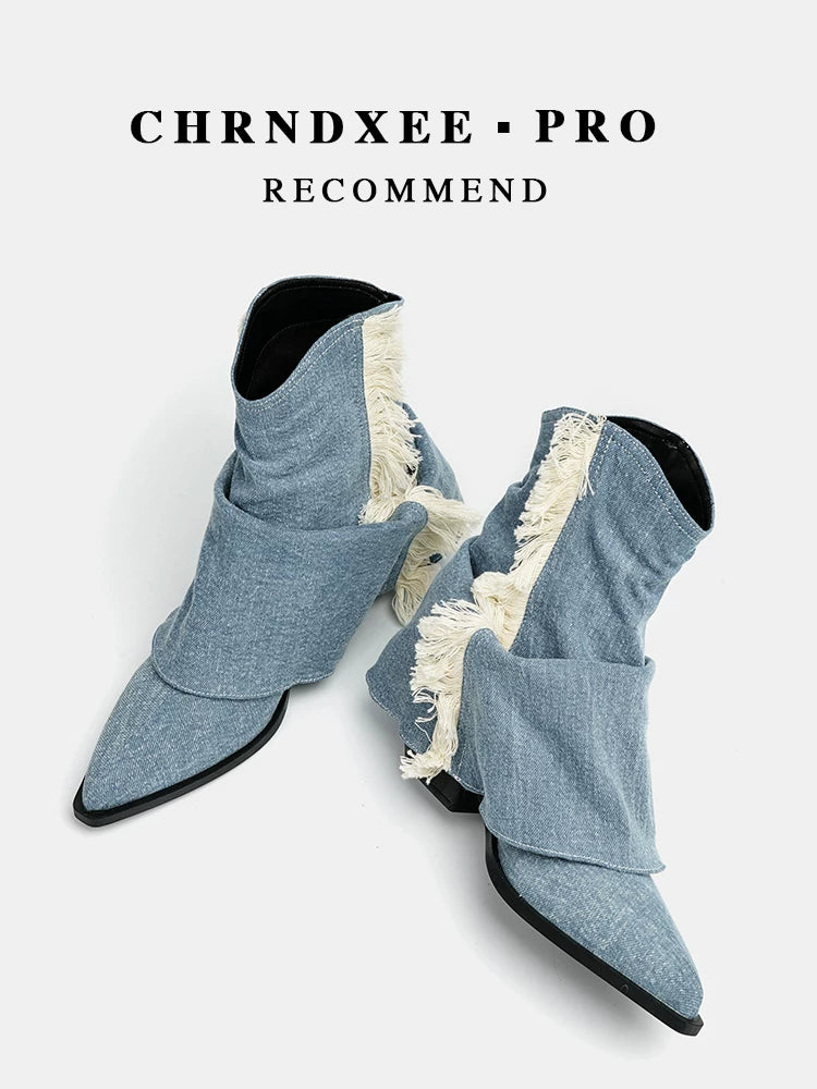 CHRNDXEE Tassel Vintage Western Cowboy Pile High Heel Boots