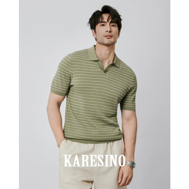 KARESINO Ice Silk Casual Striped Knitted Polo Shirt