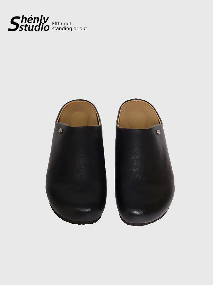 SHENLV STUDIO Black Simple Thick-bottomed Half-mop Outer Leather Slippers