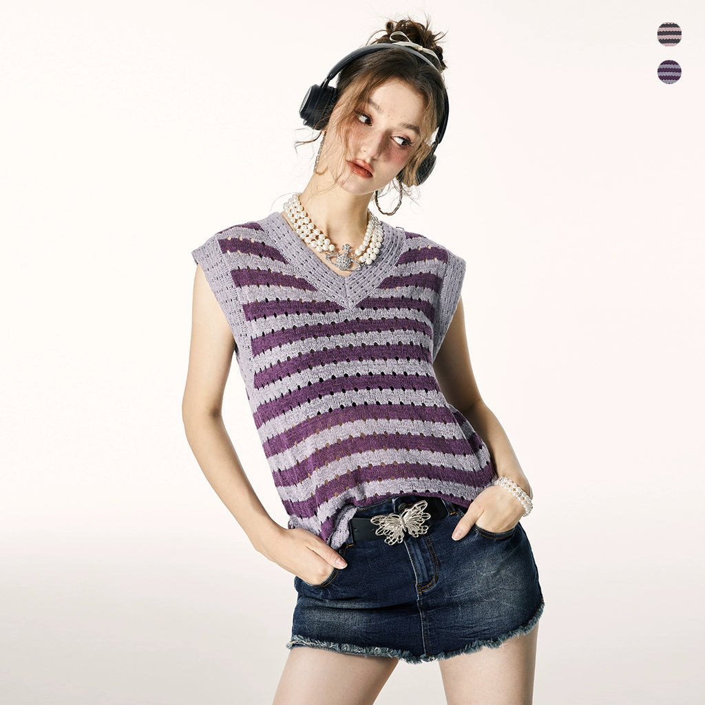 IMONE One Size V-Neck Knitted Striped Vest