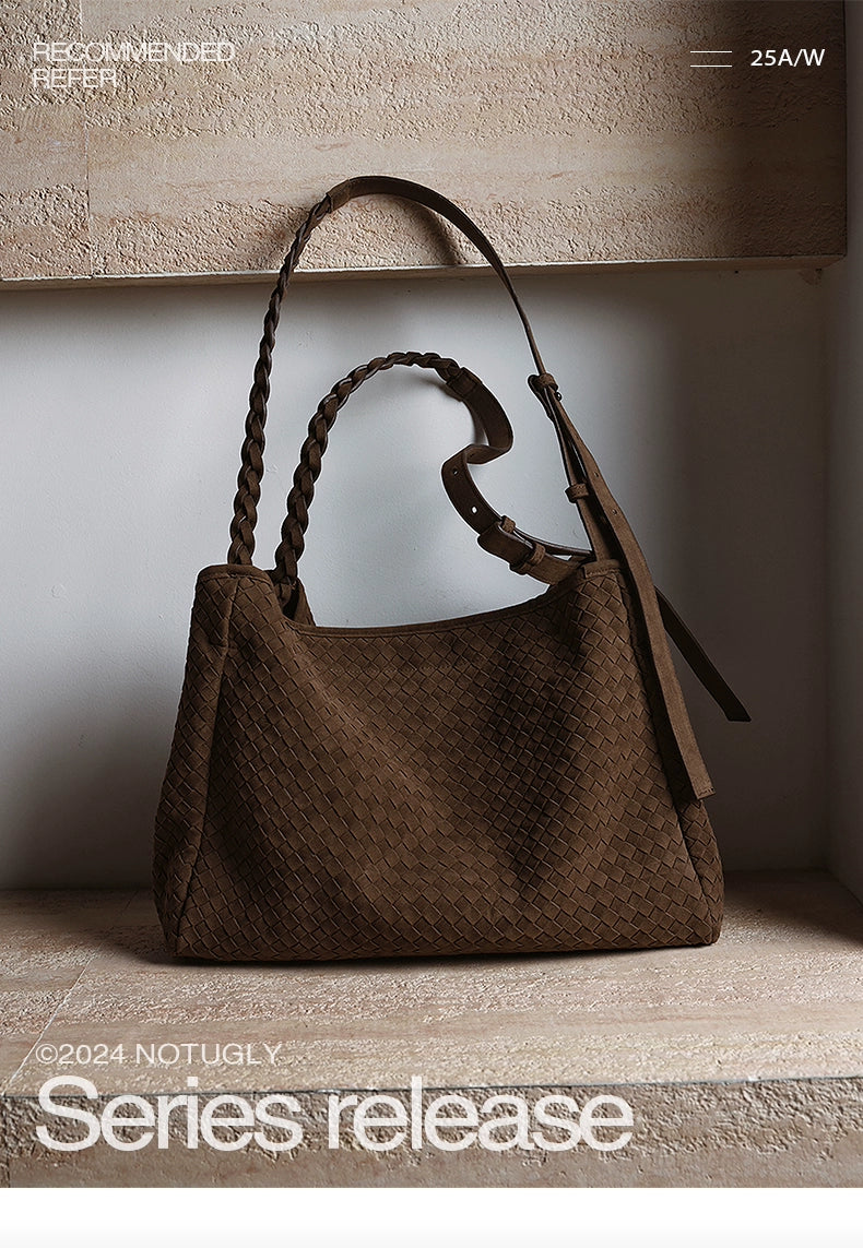 NOT UGLY 25AW Kendo hand-woven tan double strap shoulder suede soft diagonal span hobo bag