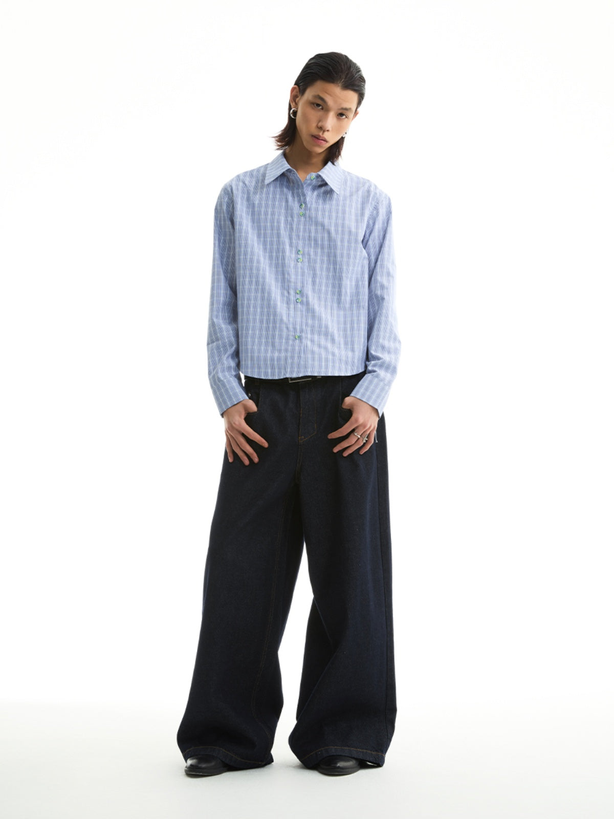 FUNKYFUN Checked Slim-fit Waist Long-sleeved Shirt