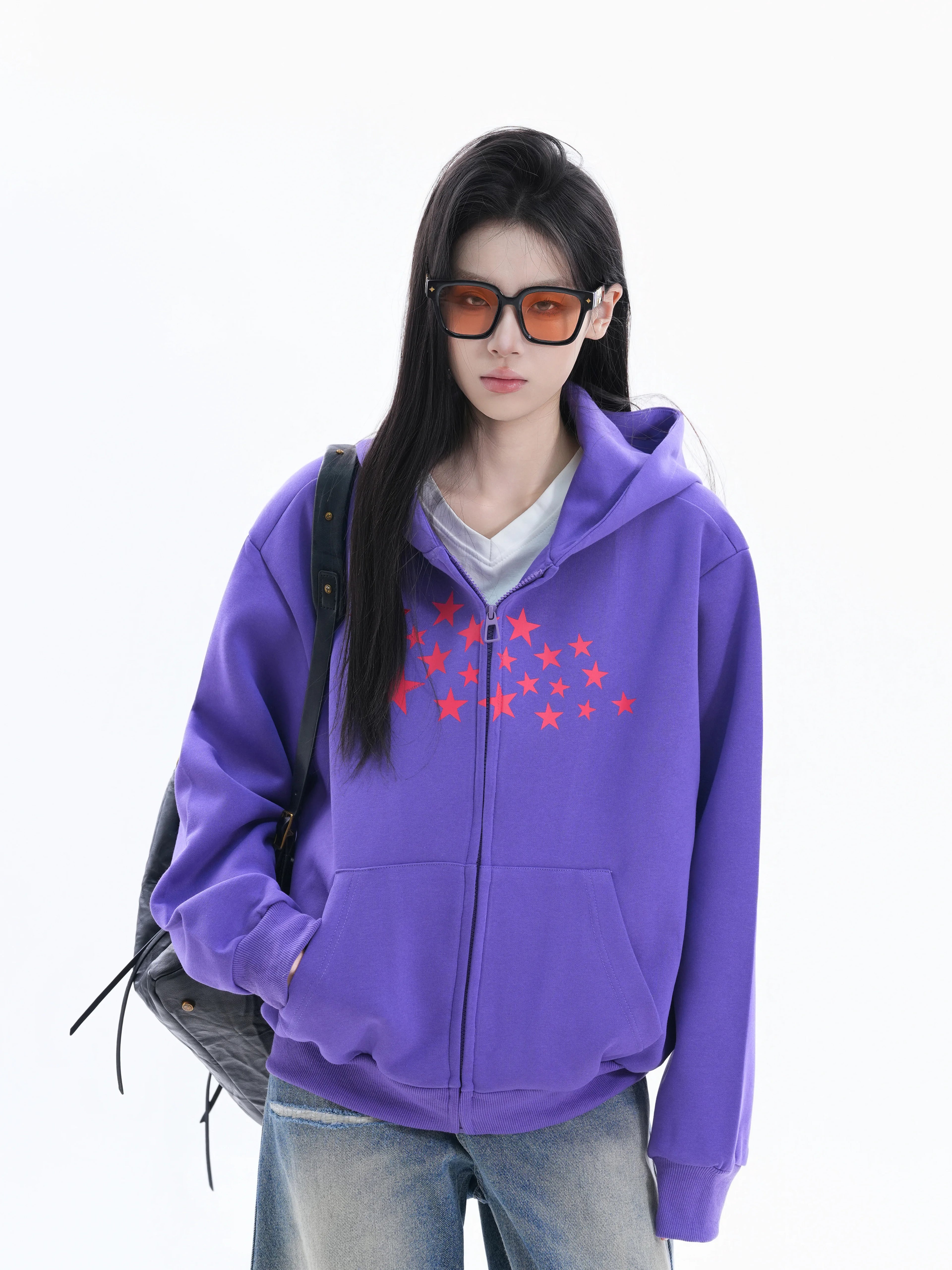 Zuocisankon Korean Printed Star Hooded Sweater Jacket
