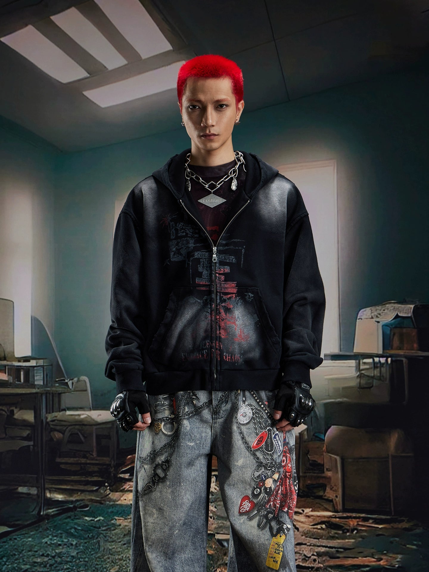 NOMANIAI Old Double-sided Printed Zipper Sweater Jacket