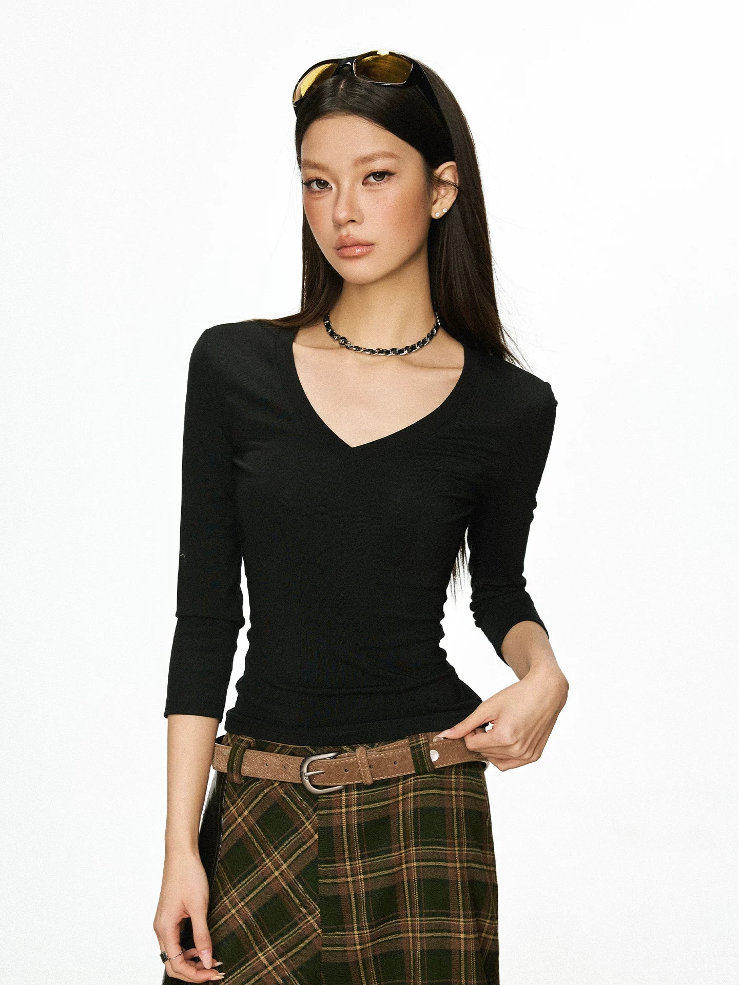 Cherry Melody Retro Slim V-neck Slim Versatile Seven-quarter Sleeve