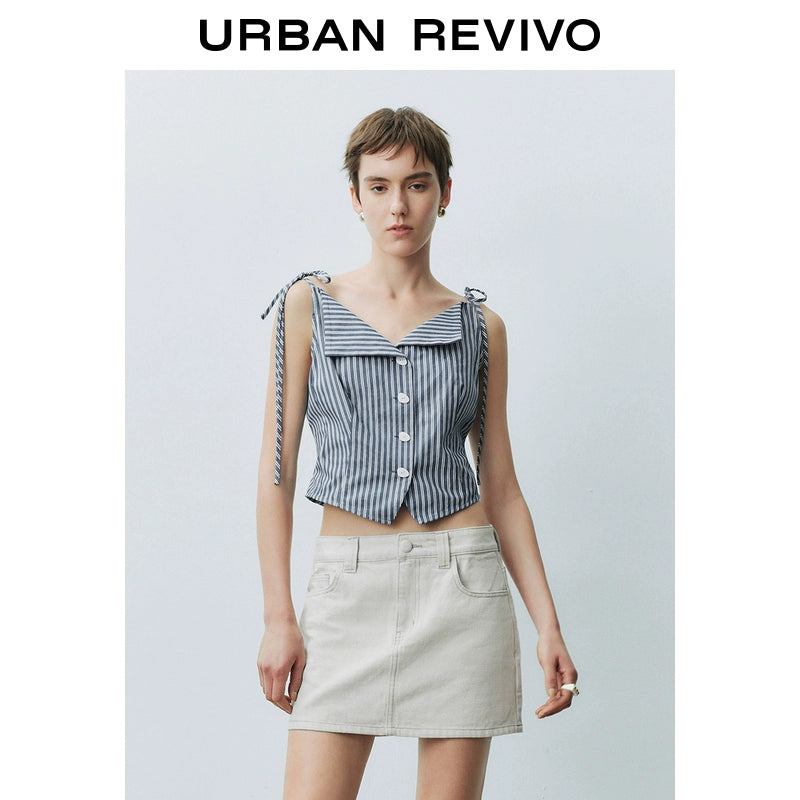 URBAN REVIVO Contrast Striped Lace-Up Sleeveless Open Shirt