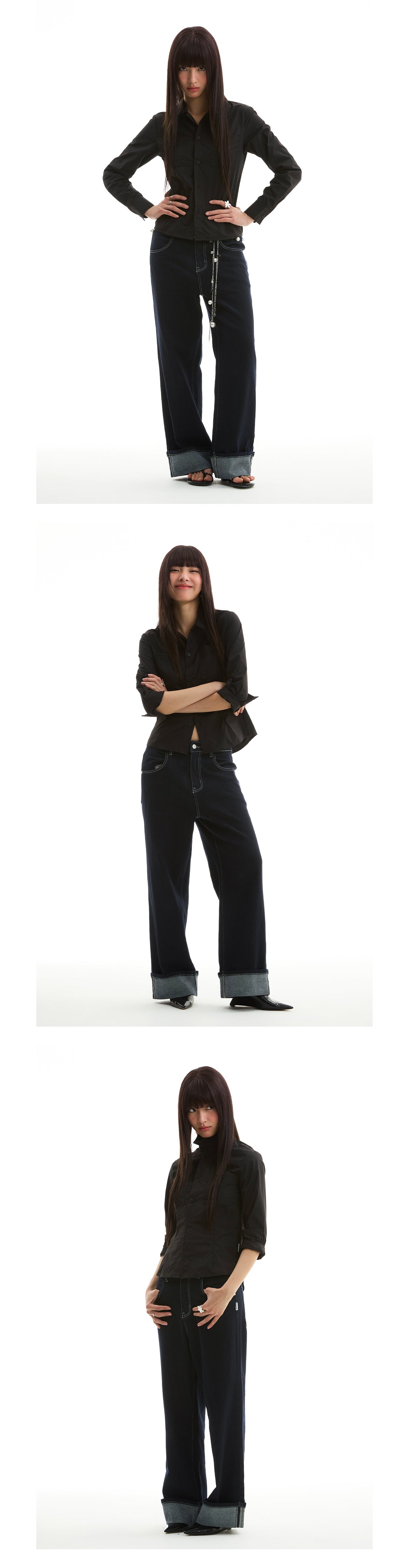 FUNKYFUN 2025SS fold-up pants micro-elastic primary color blue straight jeans