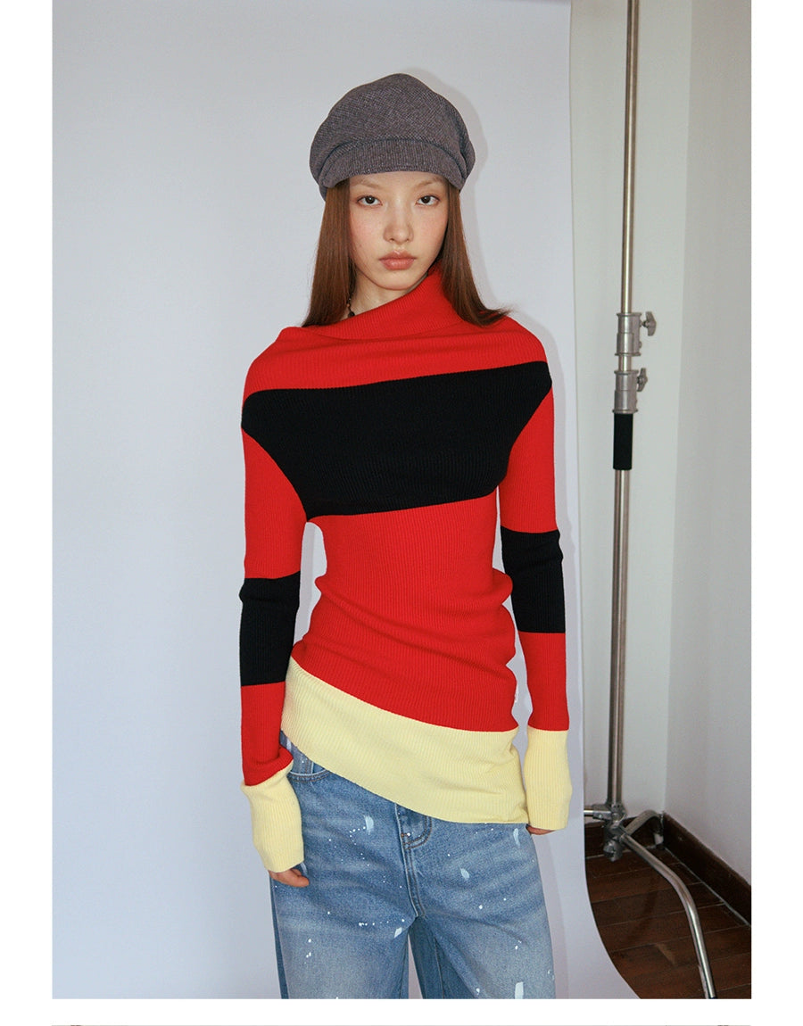 FUNKYFUN Contrasting Color Retro Spliced Slanted Shoulder Knitted Sweater