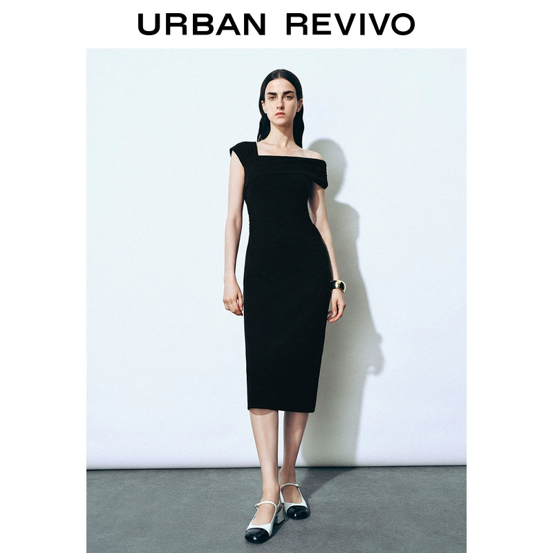 URBAN REVIVO Glamour Off-the-shoulder Pleated Waist Dress