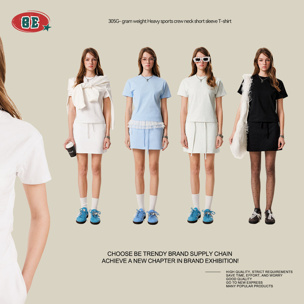 BE Women's Pure Cotton Solid Color 305G Casual Sports Slim Fit T-Shirt