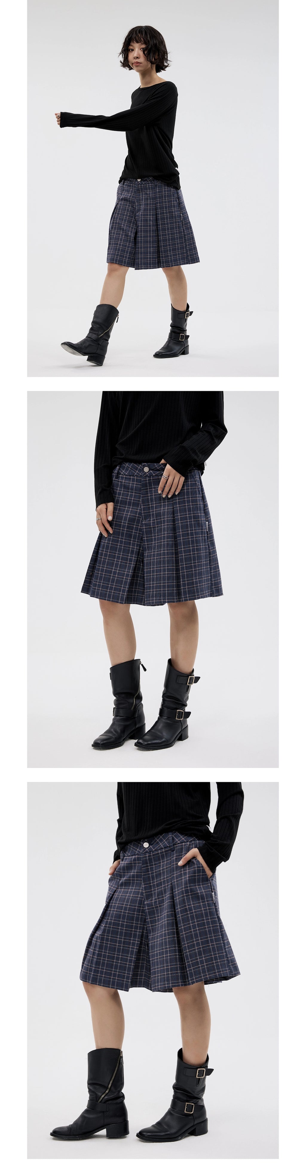 FUNKYFUN Plaid Pleated Silhouette Trousers Skirt
