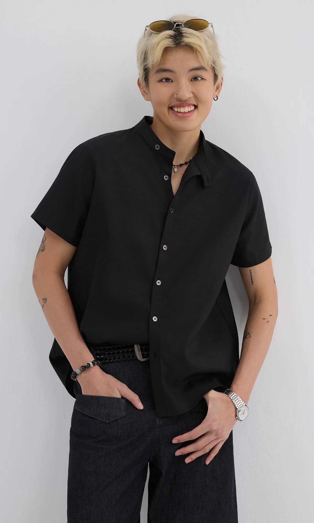 Sameuoo Stand-up Collar Linen Casual Shirt