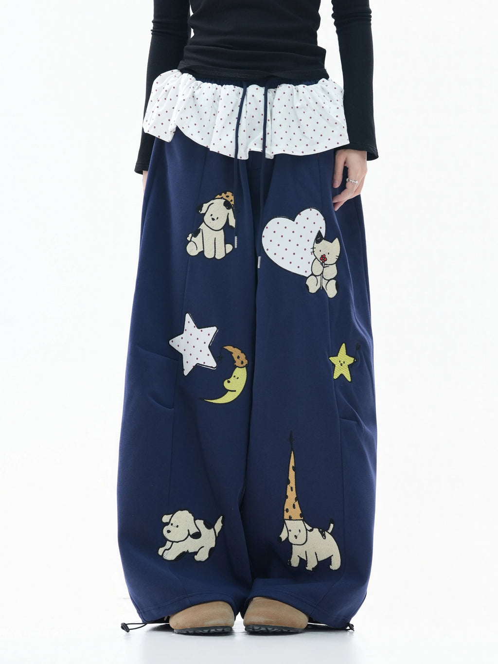Zuocisankon Polka Dot Fart Curtain Cartoon Embroidered Sweatpants