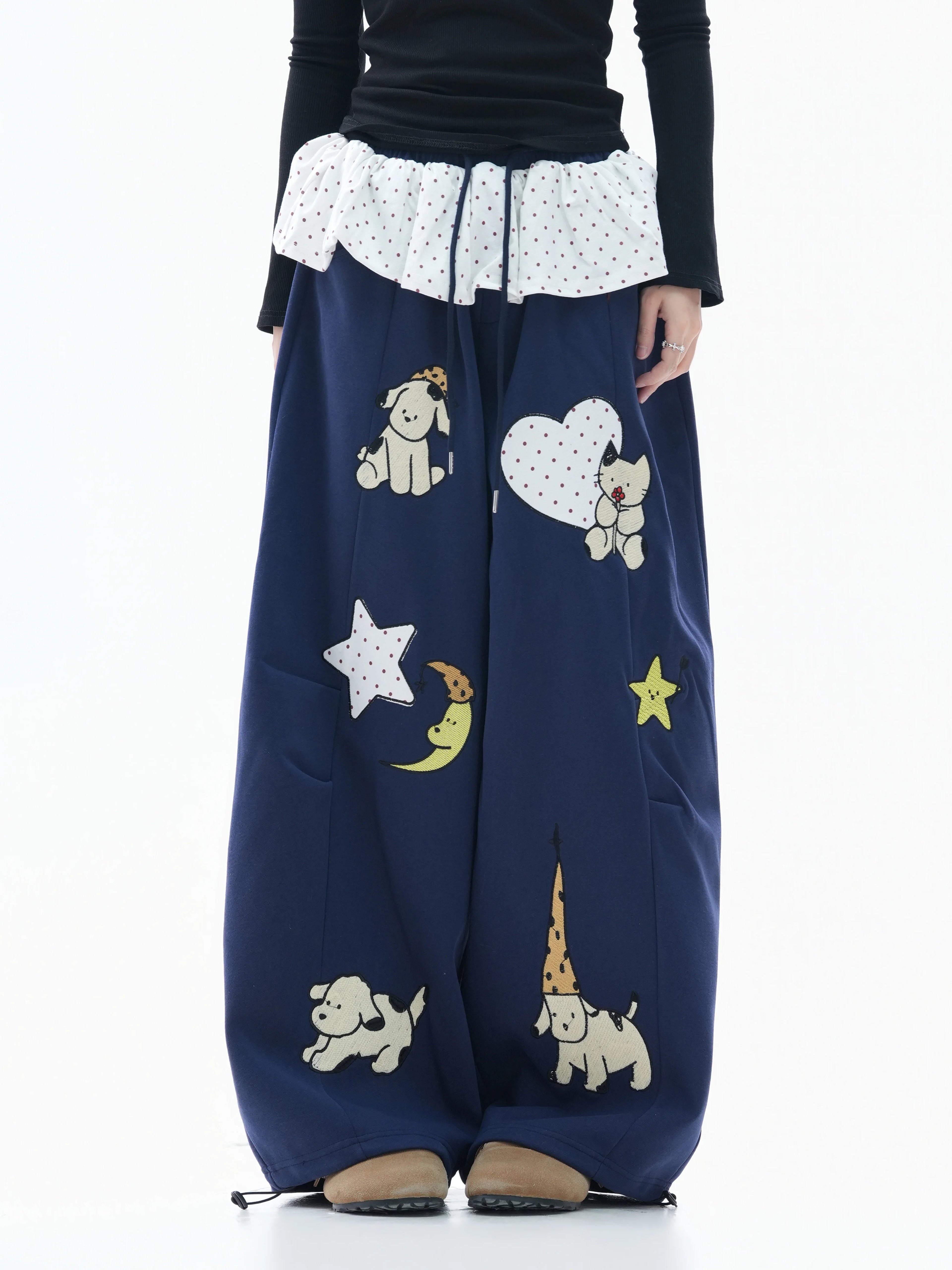 Zuocisankon Polka Dot Fart Curtain Cartoon Embroidered Sweatpants