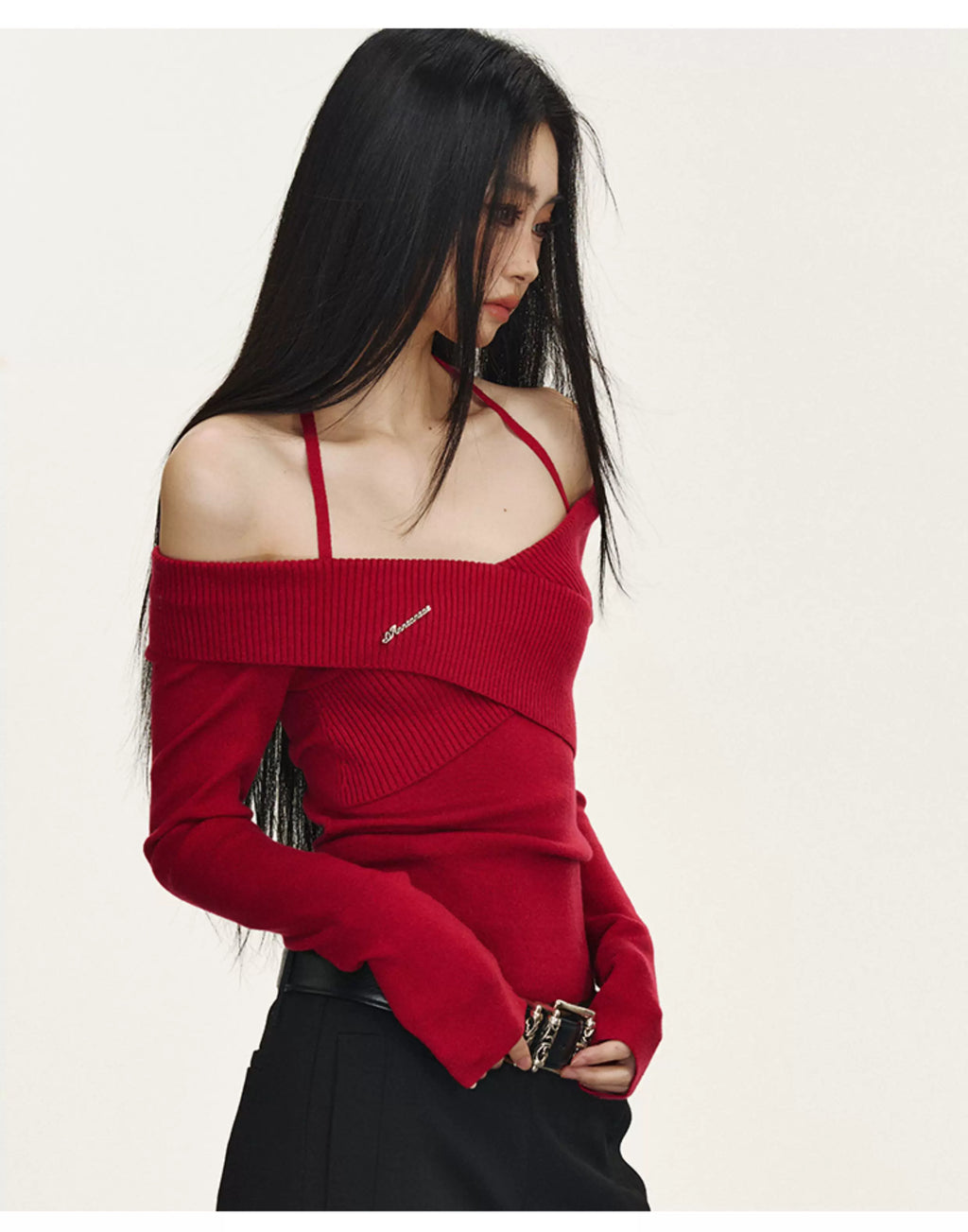 Anna Aneae Cross Off-Shoulder Knit Long Sleeves