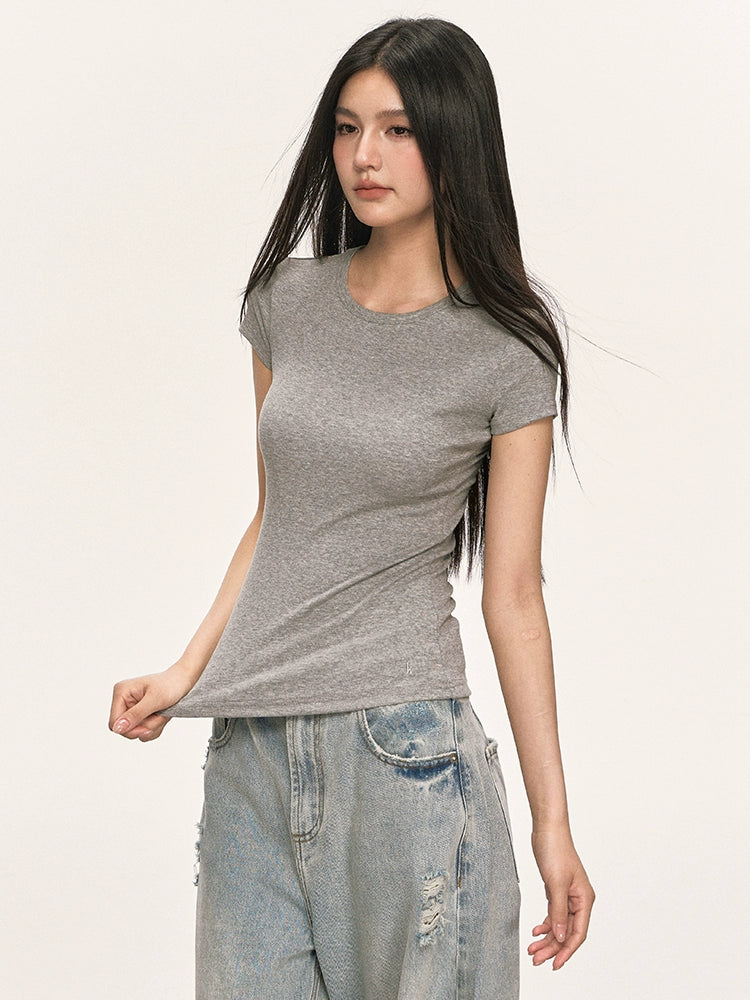 Anna Aneae Straight Shoulder Simple and Versatile Crew Neck Slim Fit Tee