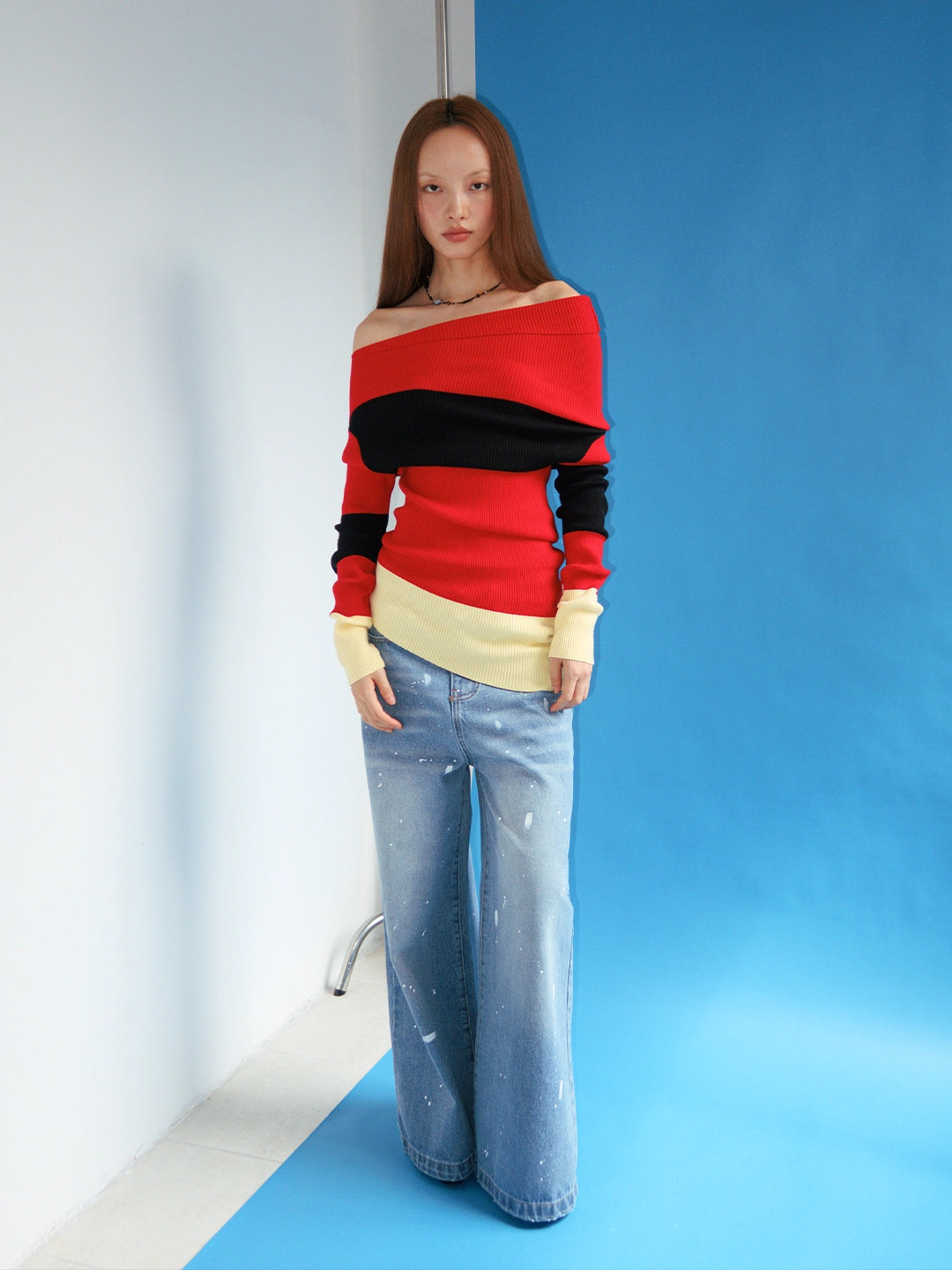 FUNKYFUN Contrasting Color Retro Spliced Slanted Shoulder Knitted Sweater