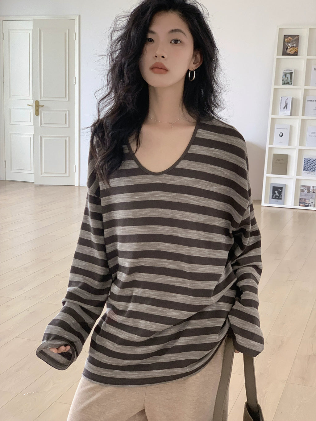 EM Vintage Striped V-Neck Loose Temperament Long Sleeve