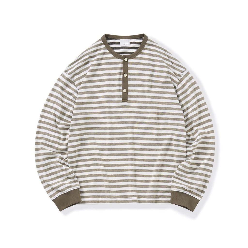714Street Linen Blended Henry Neck  Striped Long SleeveT-Shirt