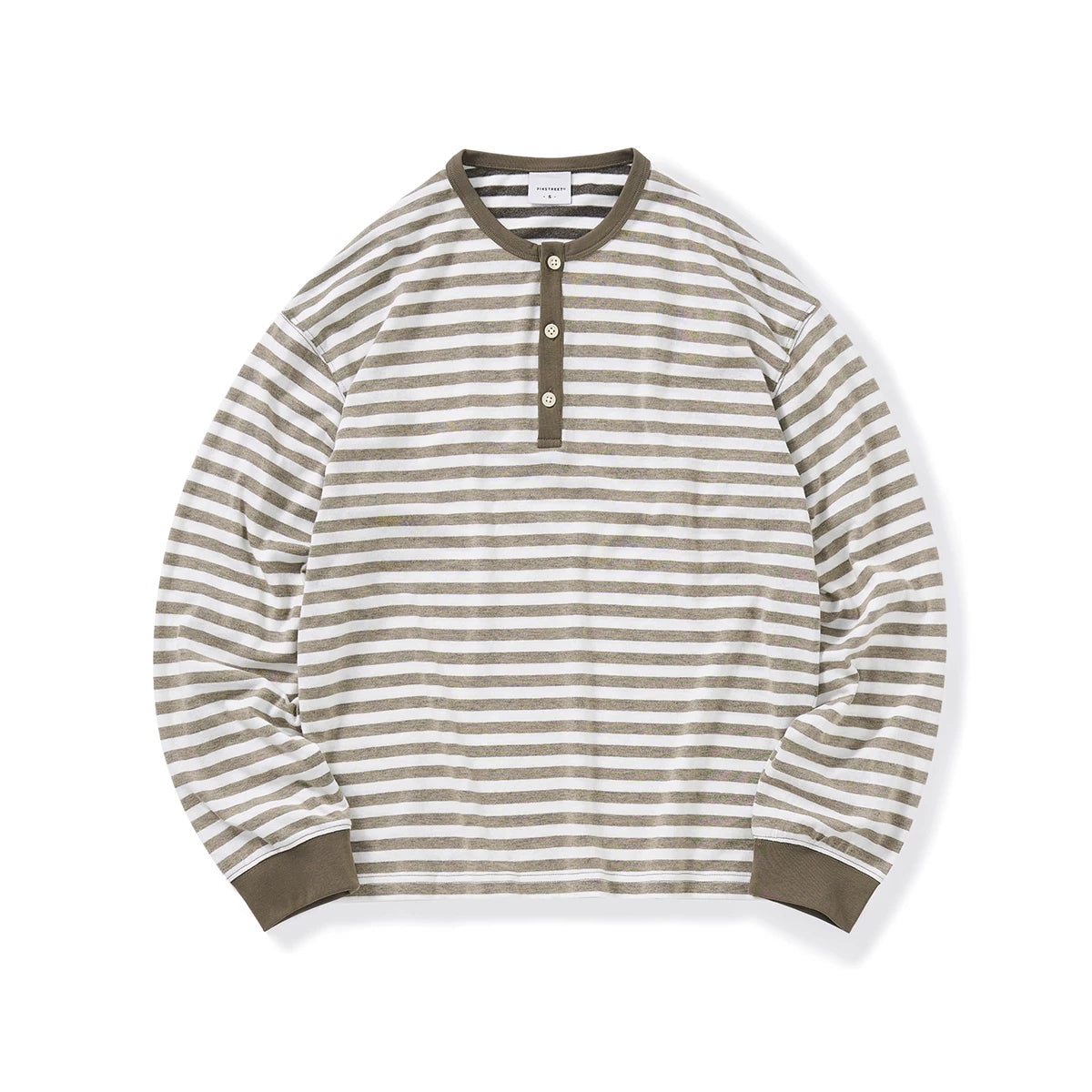 714Street Linen Blended Henry Neck  Striped Long SleeveT-Shirt