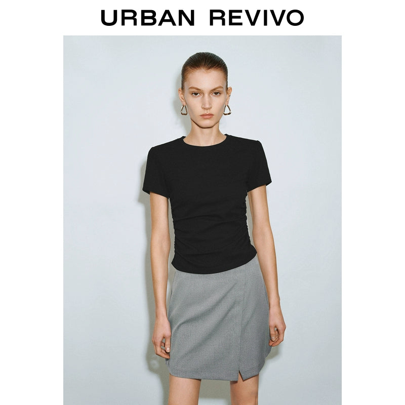 URBAN REVIVO Slim Fold Waist Round Neck Tee