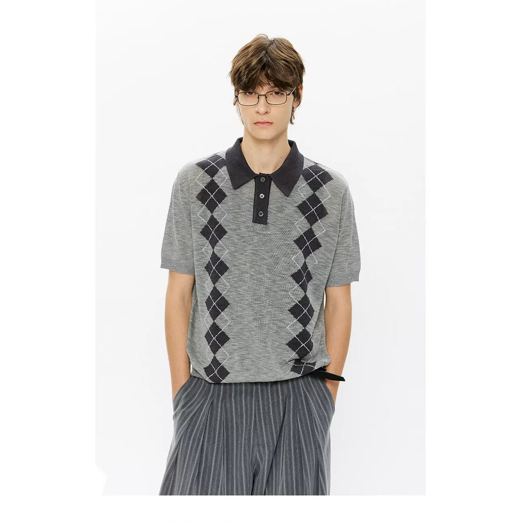 KREATE Rhombus Vertical Contrasting Casual Knitted Tee
