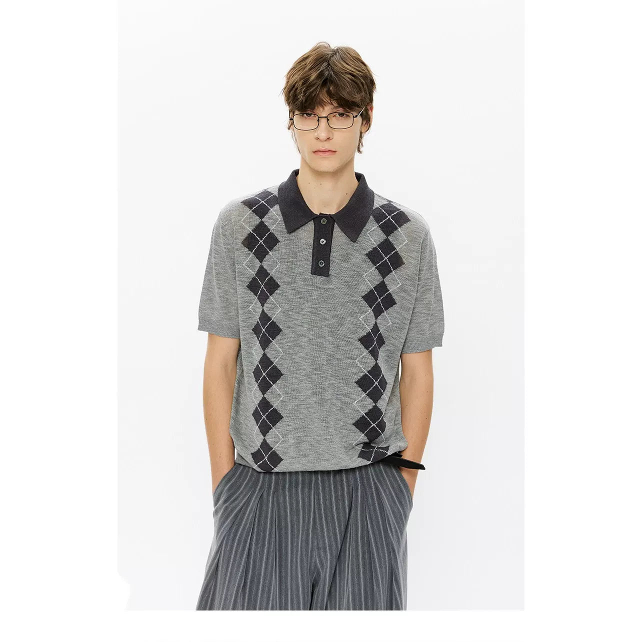 KREATE Rhombus Vertical Contrasting Casual Knitted Tee