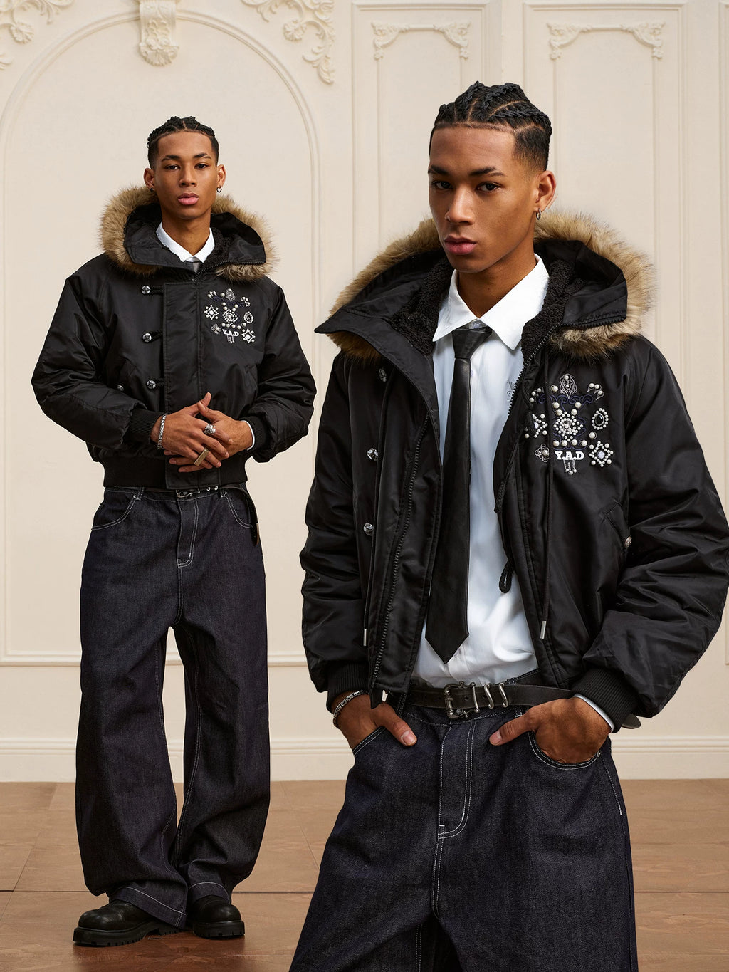 YADcrew gem fur bomber cotton-padded jacket