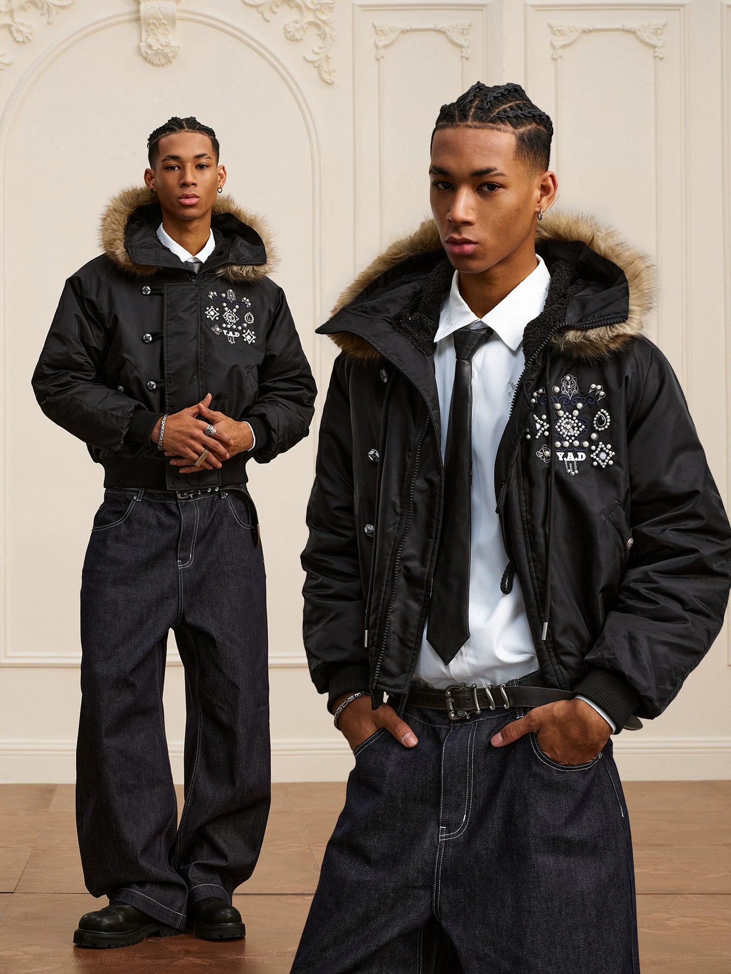 YADcrew gem fur bomber cotton-padded jacket