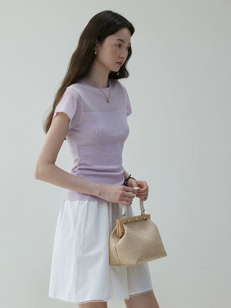 VOOE Mesh Splicing Semi-transparent Crew Neck Knitted Tee