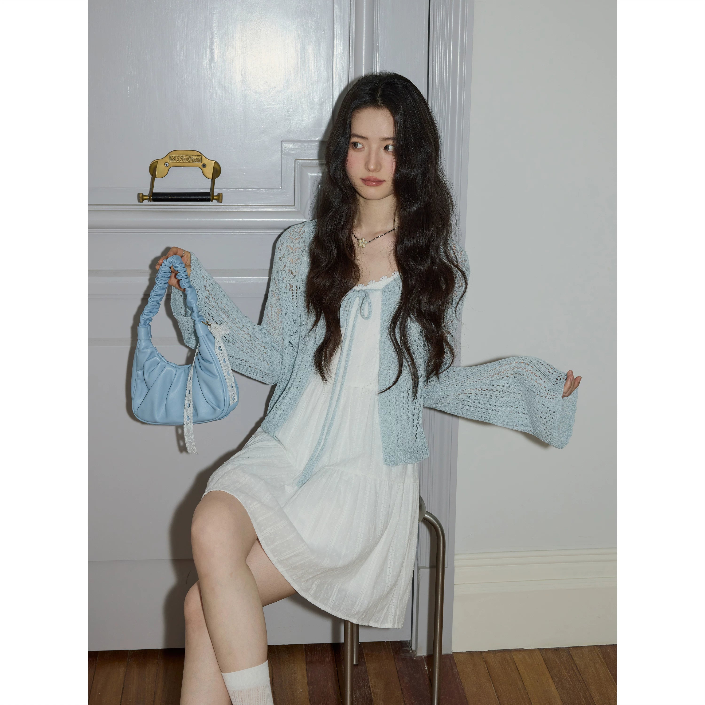 XUJING Lace-up Hollow-out Long-sleeved Knitted Cardigan