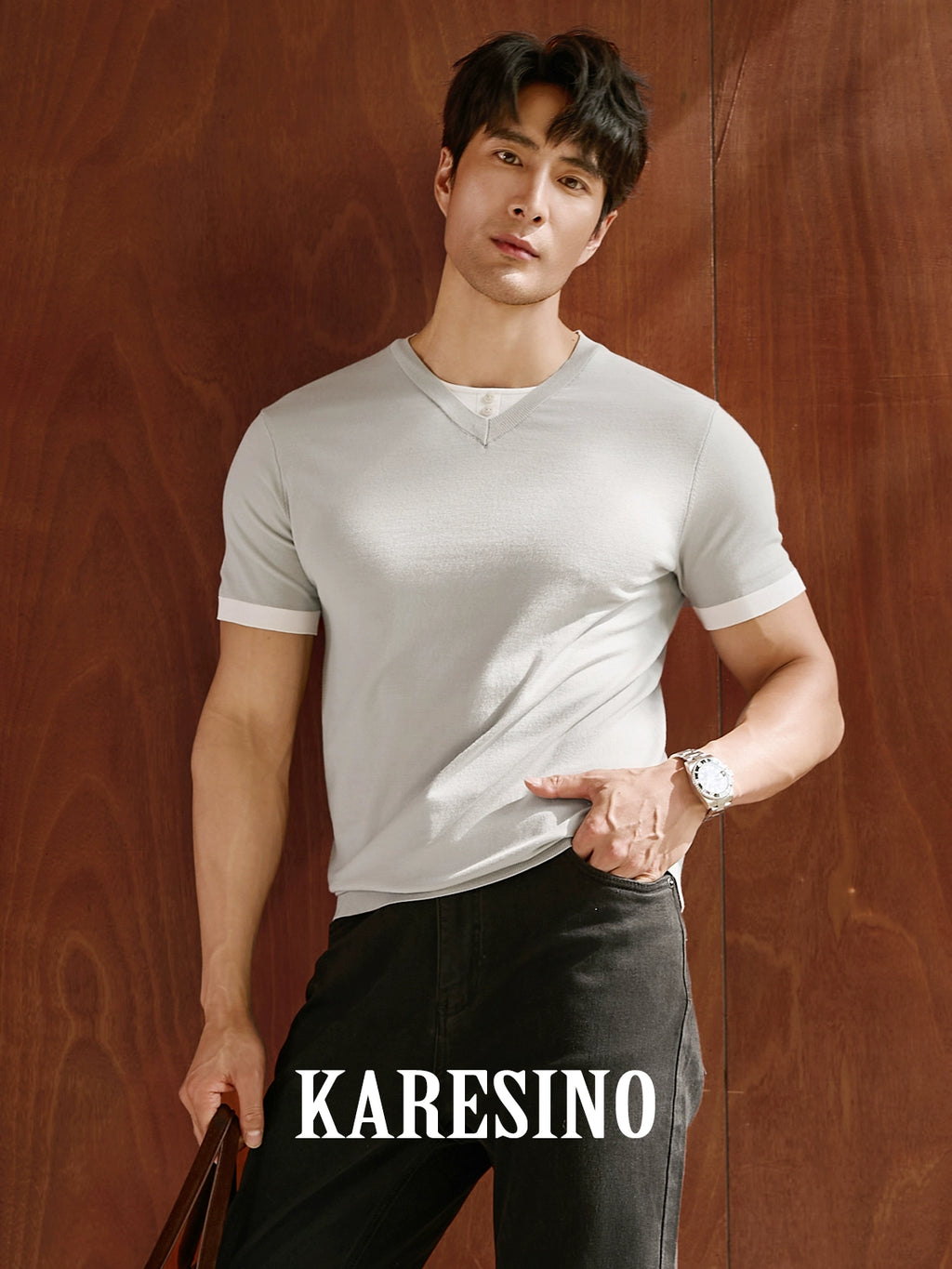 KARESINO Ice Silk Contrasting Color Splicing Knitted Polo Shirt