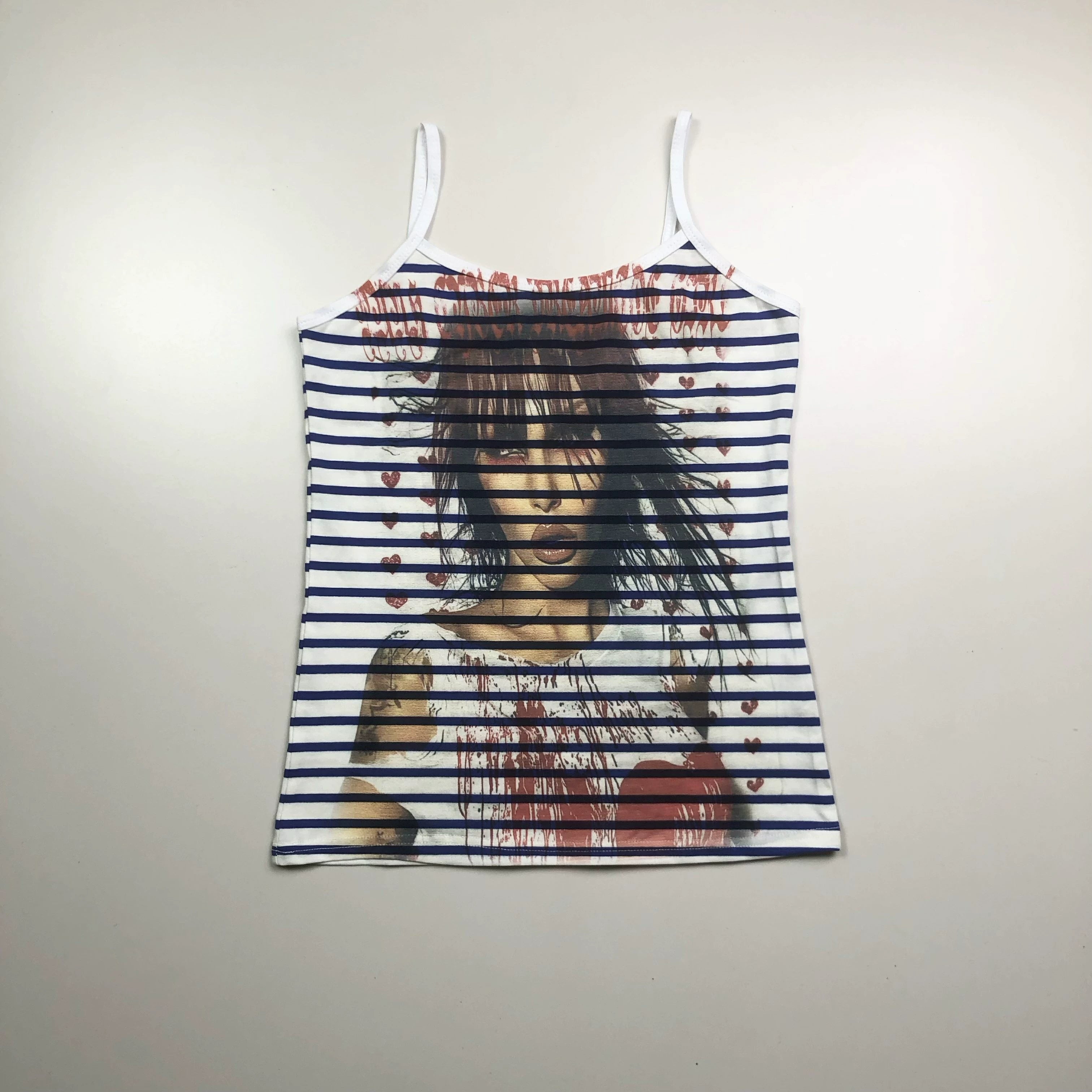 WEBBAR Striped Vintage Navy Pictorial Girl Y2k Stretch Vest