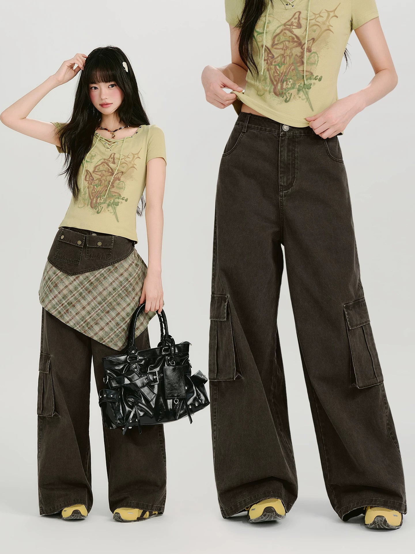 Girlyhalo Vintage Checked Fart Curtain Loose Wide Leg Pants